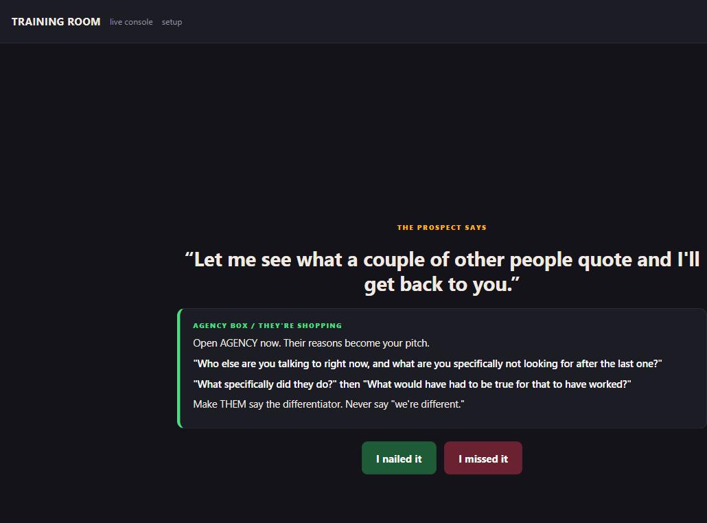 Call Shadow AI training room drilling the objection: let me see what a couple of other people quote